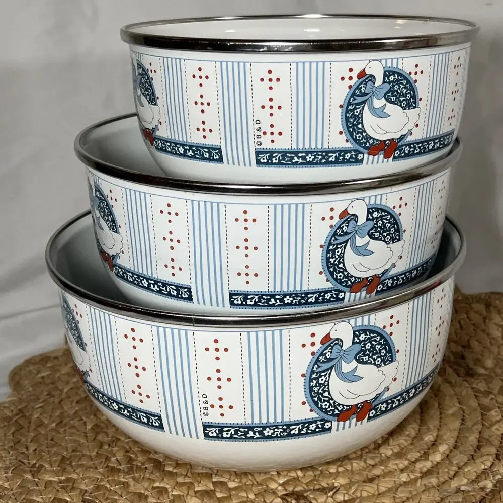 Vintage Baker Hart Stuart Blue Ribbon Goose Enamel Nesting Bowls Set of 3 B & D